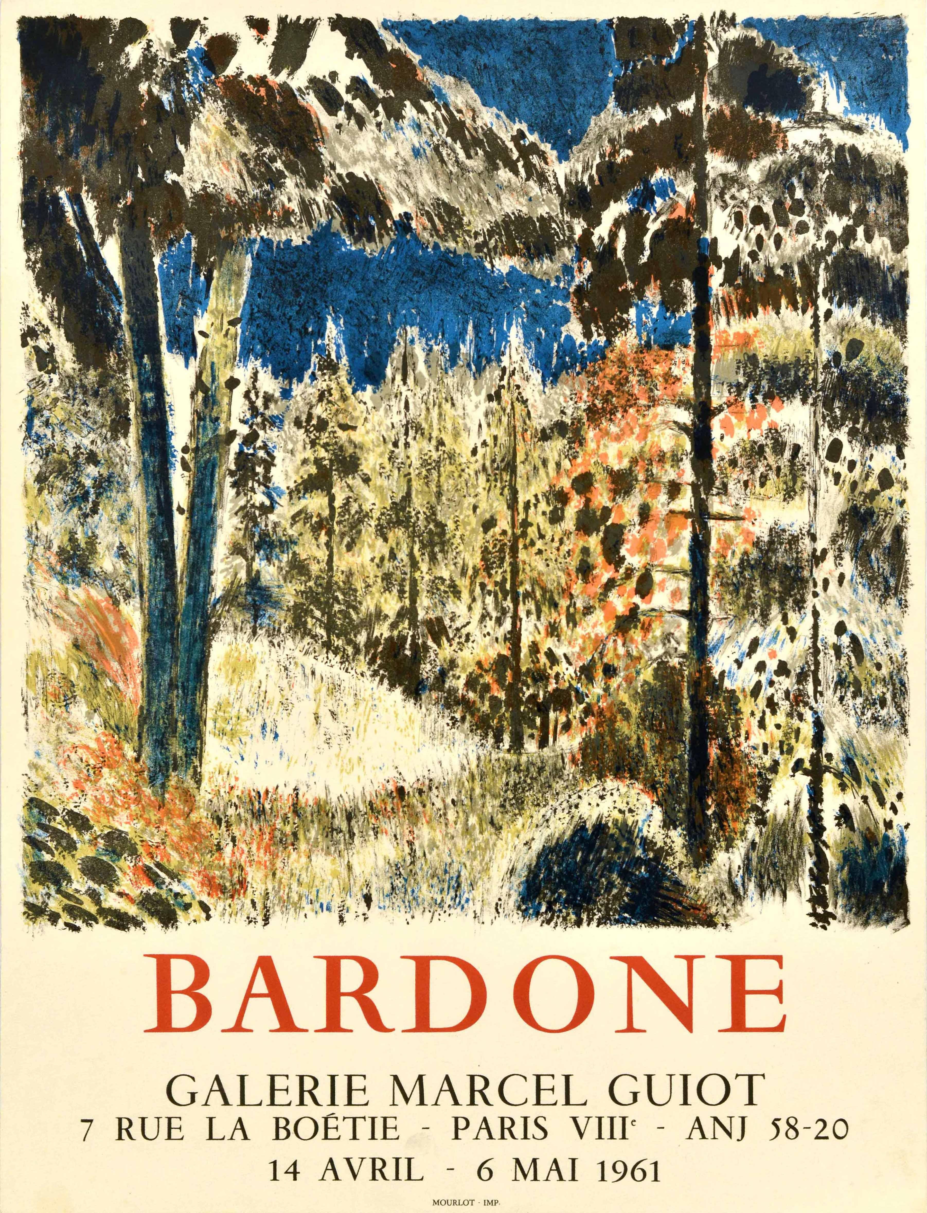 Manifesto d'epoca originale che pubblicizza la Bardone Galerie Marcel Guiot Paris dal 14 aprile al 6 maggio 1961 con opere scenografiche del pittore francese Guy Bardone (1927-2015) che raffigurano una foresta con alberi ad alto fusto su una collina