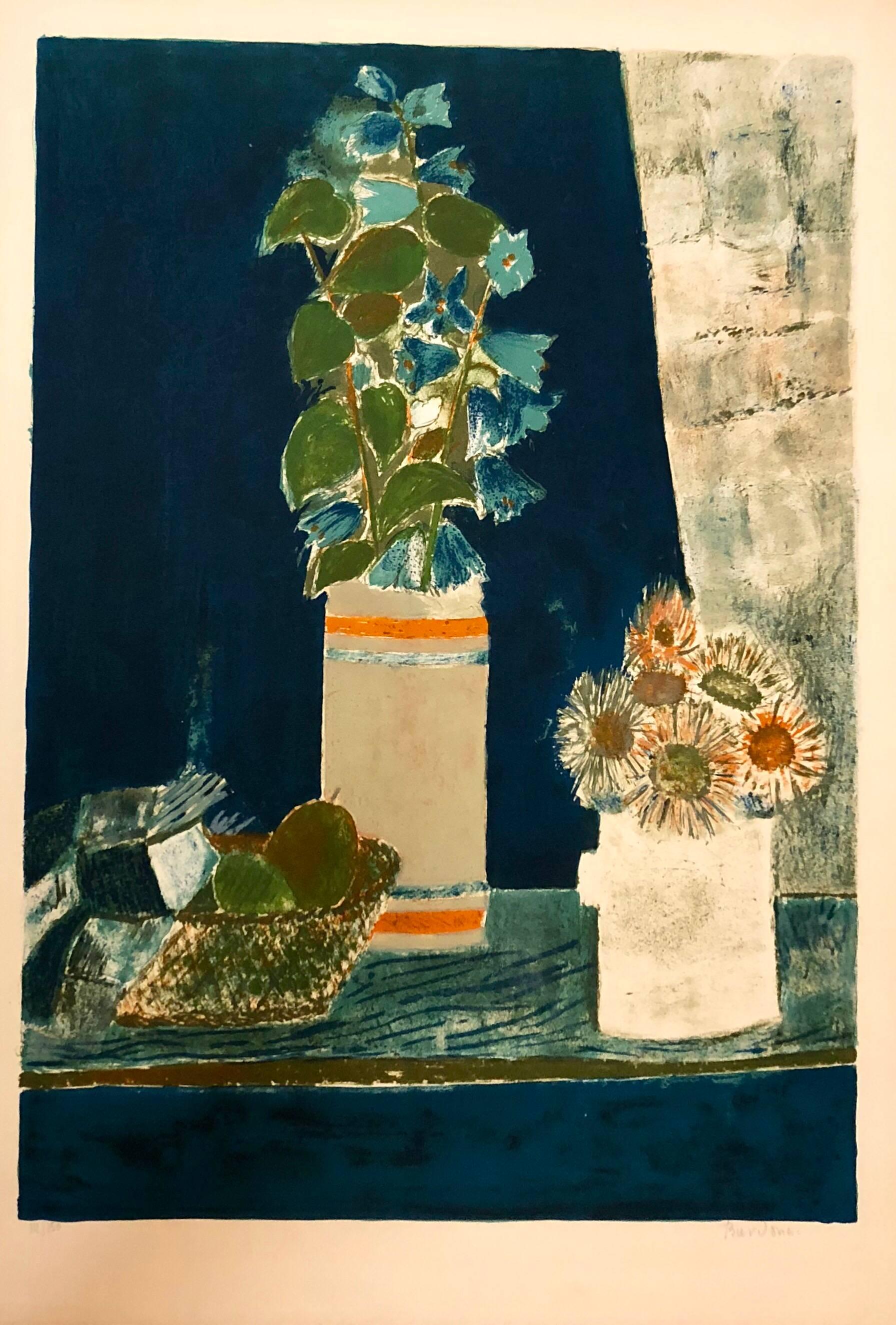 Still Life with Flower Bouquet in Vase French Modernist Lithograph - Print by Guy Bardone