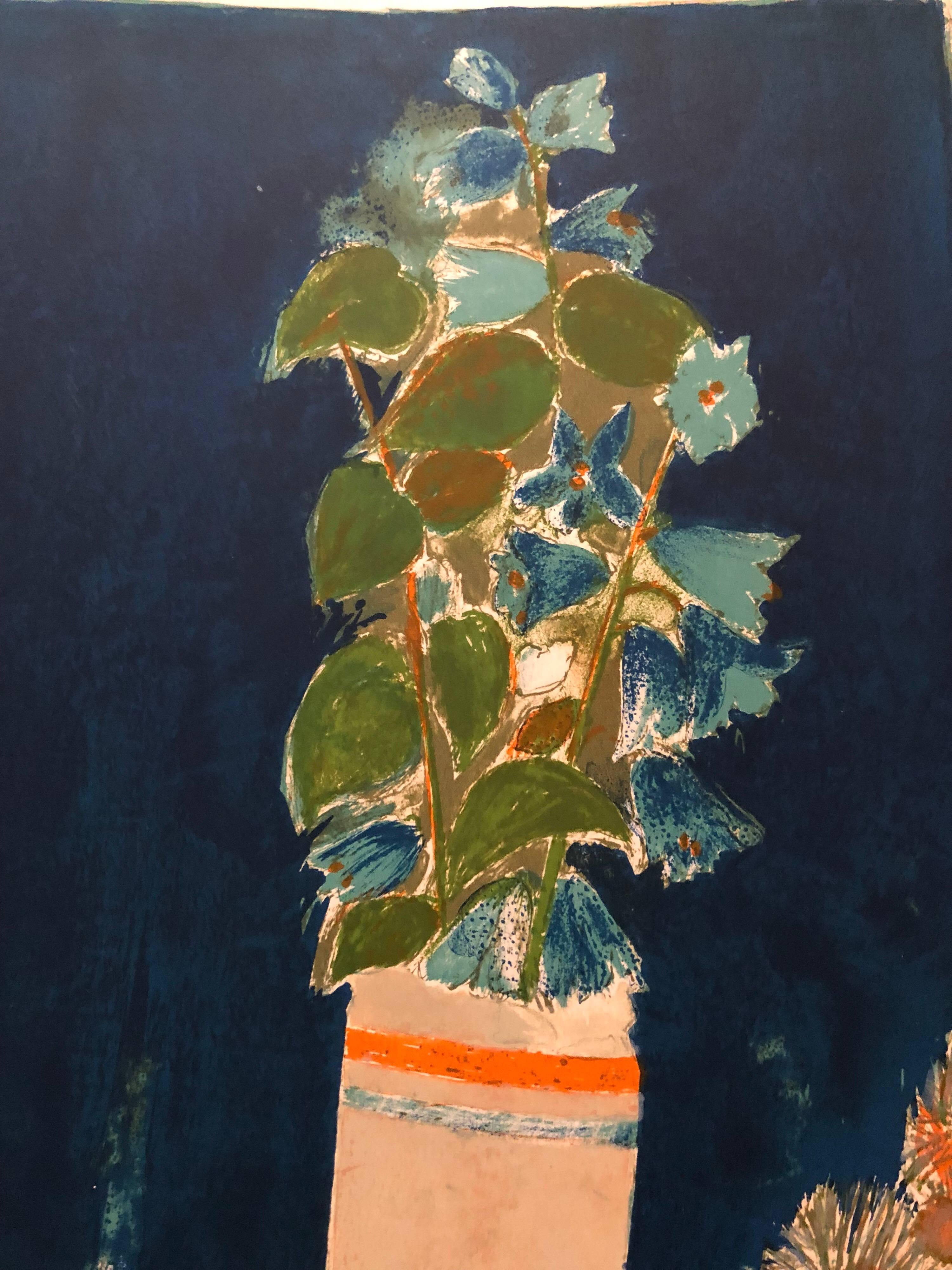 Still Life with Flower Bouquet in Vase French Modernist Lithograph 1