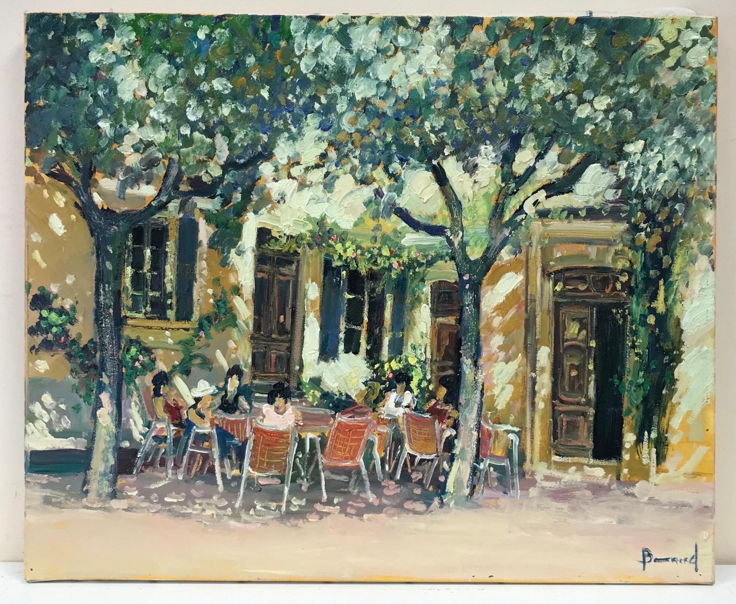 French Impressionist Oil Dappled Light Cafe Scene with Figures in Provence - Painting by Guy Benard