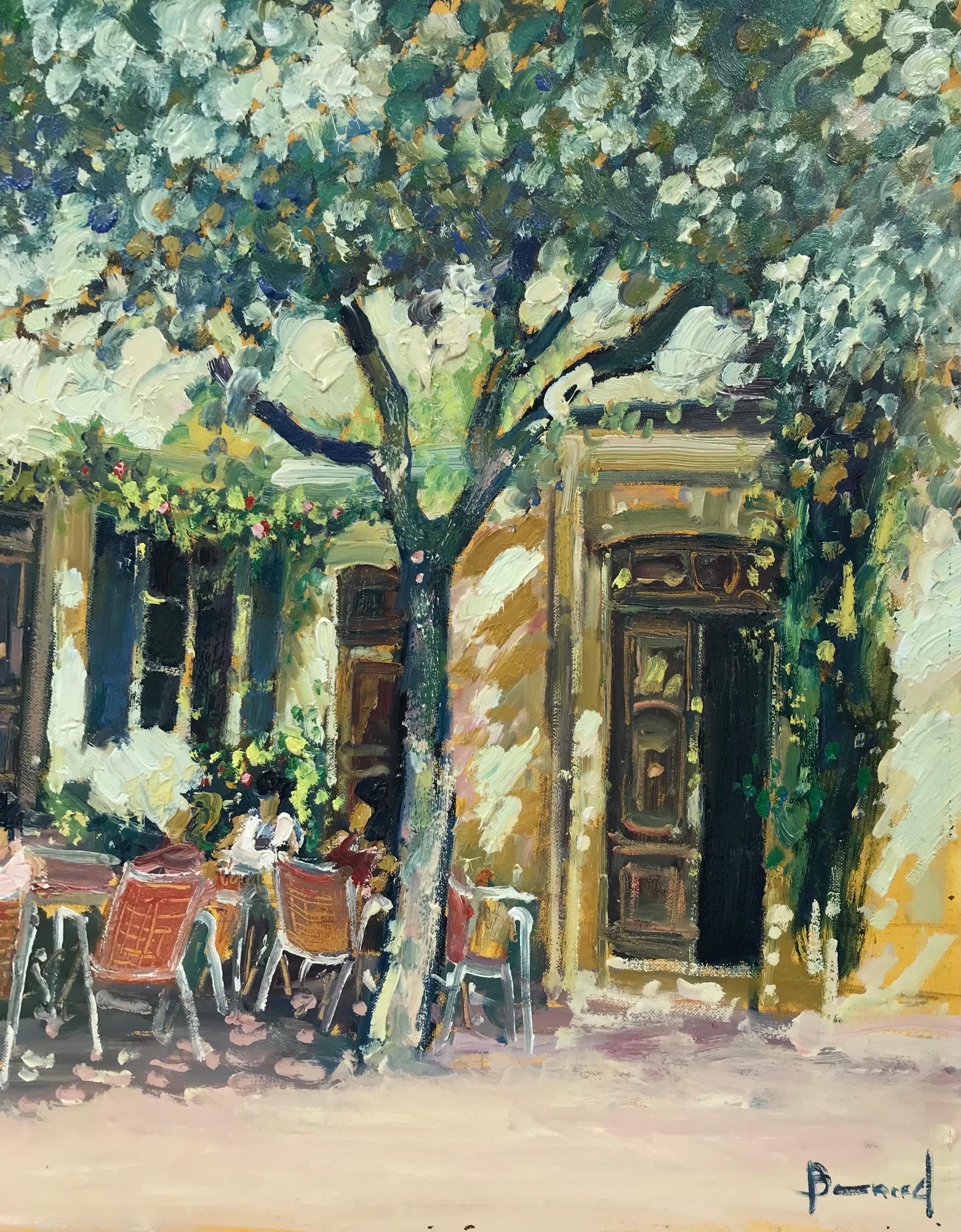 Tableau de café impressionniste français à l'huile d'une scène d'un café avec des personnages en Provence - Impressionnisme Painting par Guy Benard