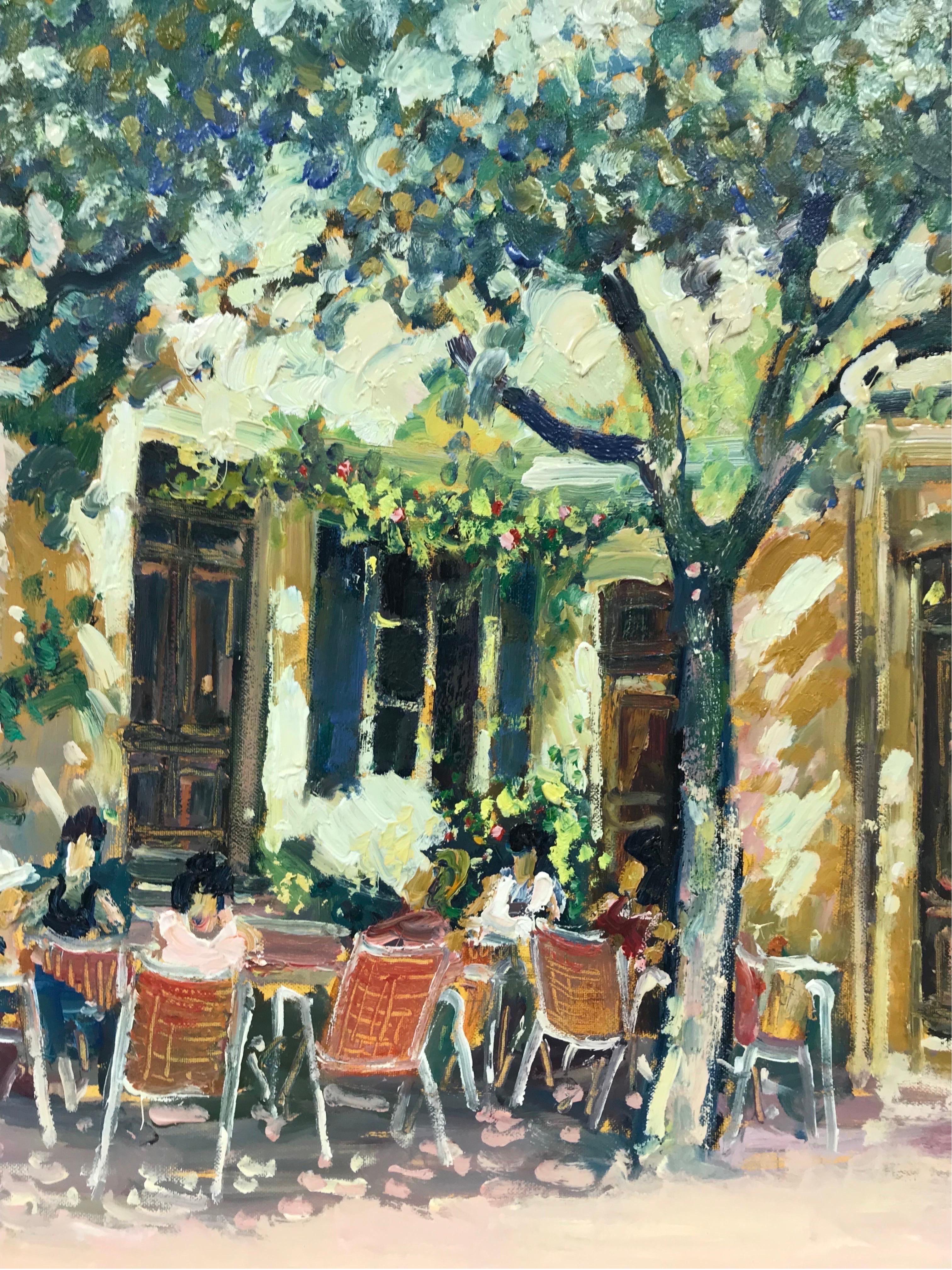 Tableau de café impressionniste français à l'huile d'une scène d'un café avec des personnages en Provence - Gris Landscape Painting par Guy Benard