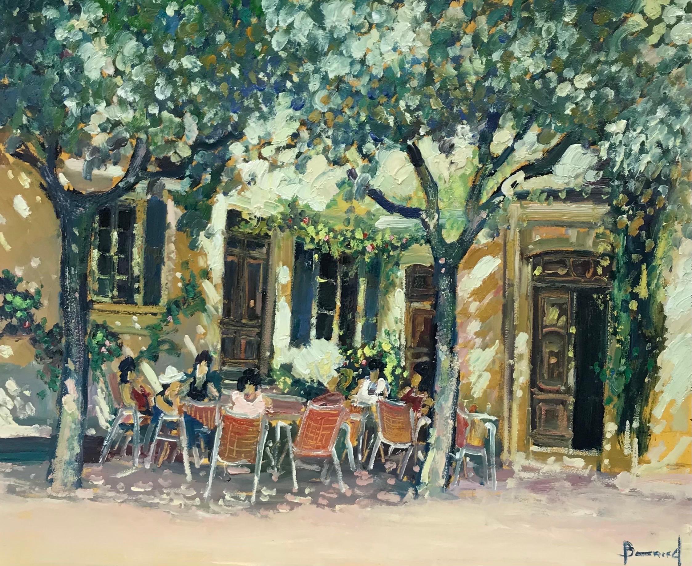 Landscape Painting Guy Benard - Tableau de café impressionniste français à l'huile d'une scène d'un café avec des personnages en Provence