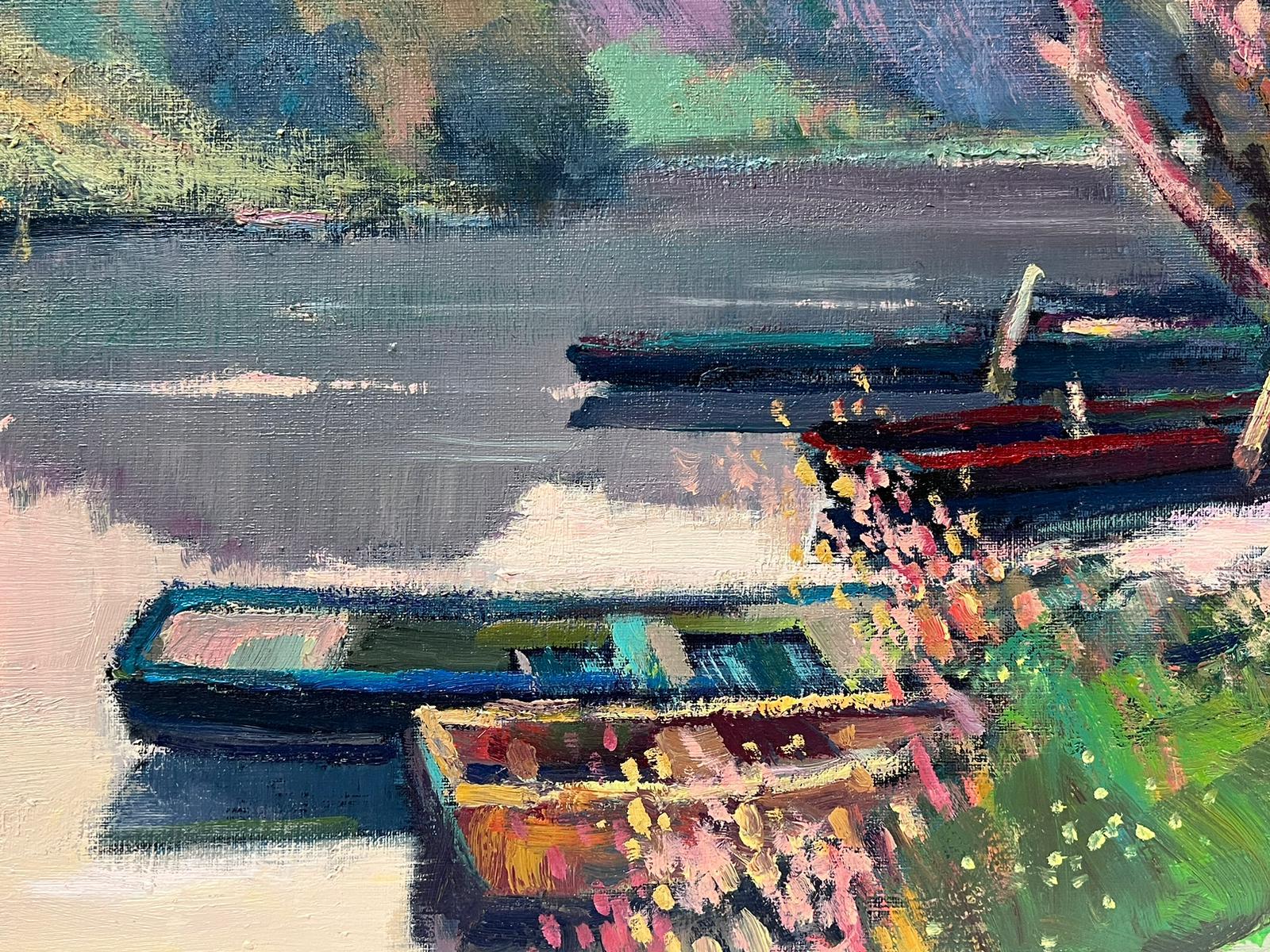 Boats on the River Eure Normandy France - Huile post-impressionniste française signée  - Painting de Guy Benard