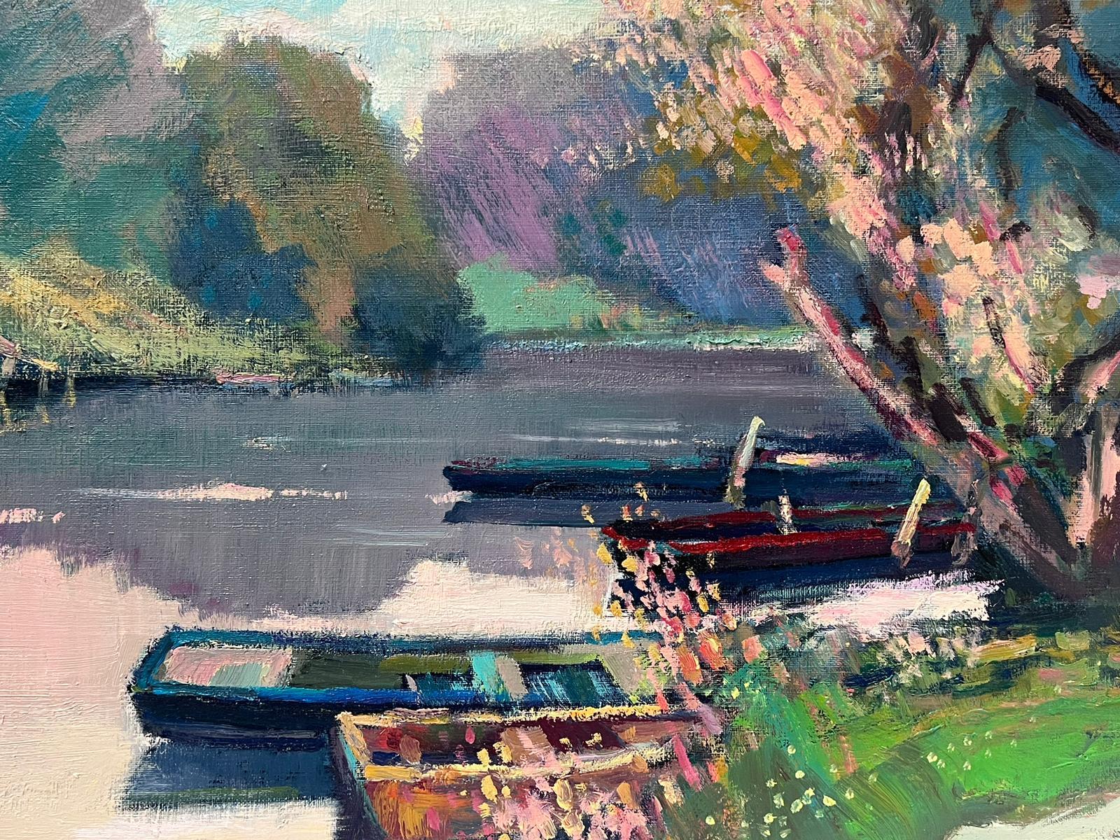 Boats on the River Eure Normandy France - Huile post-impressionniste française signée  en vente 1