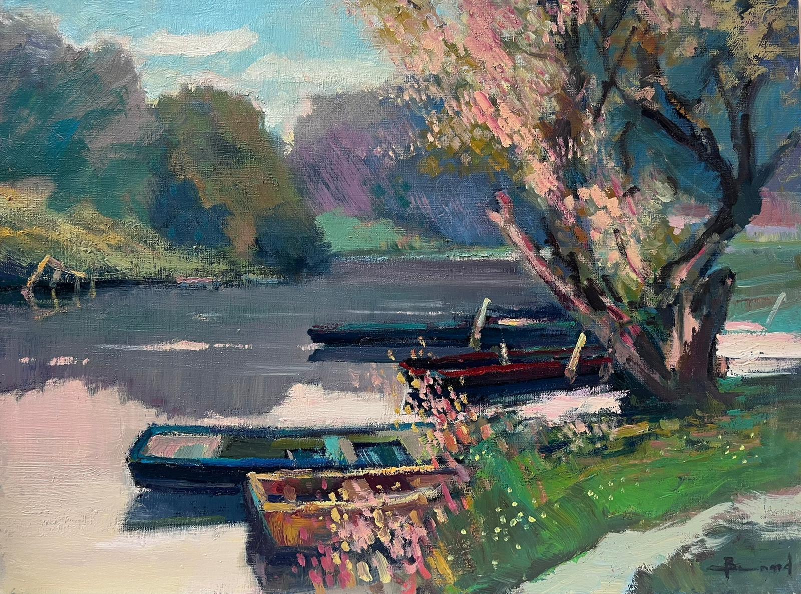 Figurative Painting Guy Benard - Boats on the River Eure Normandy France - Huile post-impressionniste française signée 