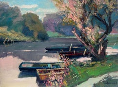 Boats on the River Eure Normandy France - Huile post-impressionniste française signée 