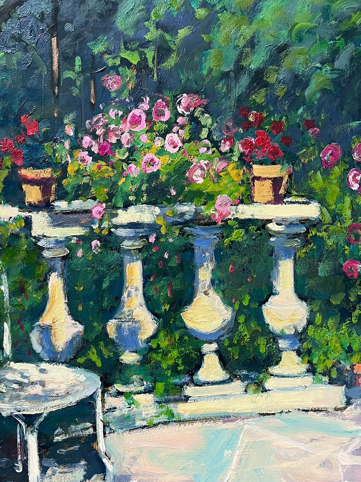 Chair in Chateau Flower Garden Beautiful French Impressionist Signed Oil - Painting by Guy Benard