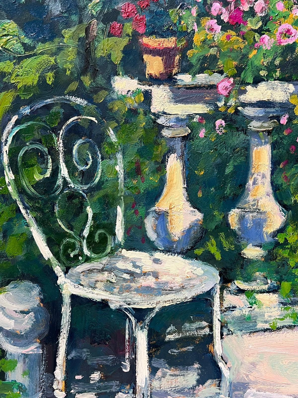Chair in Chateau Flower Garden Beautiful French Impressionist Signed Oil 2