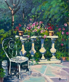 Chair in Chateau Flower Garden Beautiful French Impressionist Signed Oil