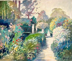 Antique Claude Monet's Garden Giverny, Signed French Impressionist Oil Painting Canvas