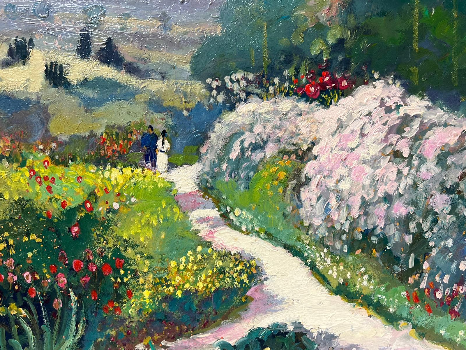 Couple Walking in French Summer Landscape with Flowers Impressionist Oil  - Painting by Guy Benard