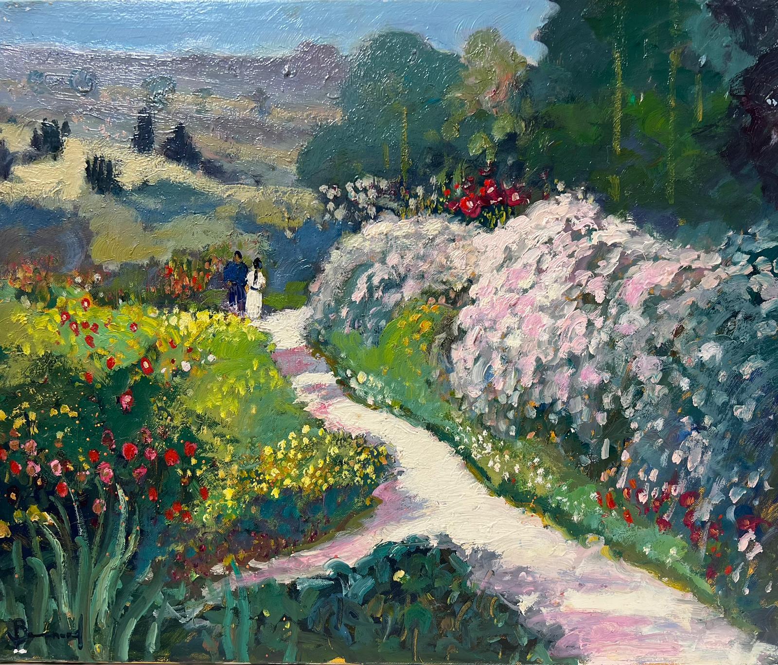 Paar beim Spazierengehen in französischer Sommerlandschaft mit Blumen, impressionistisches Ölgemälde 