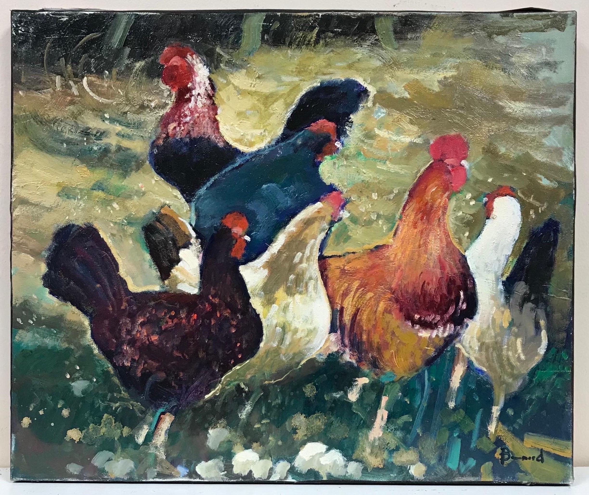 Peinture à l'huile moderniste française représentant une famille de poulets, signée, belles couleurs - Painting de Guy Benard