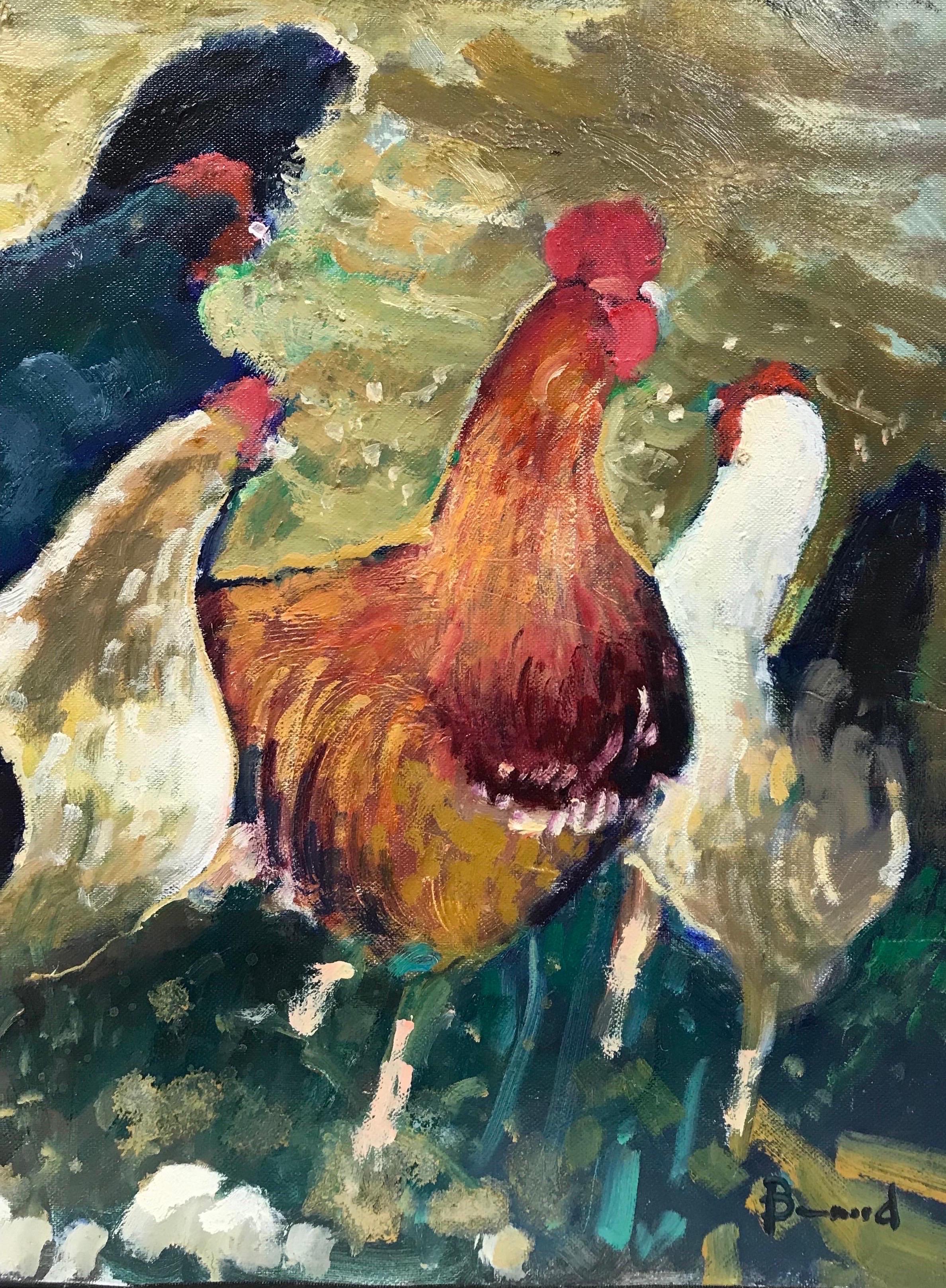 Peinture à l'huile moderniste française représentant une famille de poulets, signée, belles couleurs - Impressionnisme Painting par Guy Benard