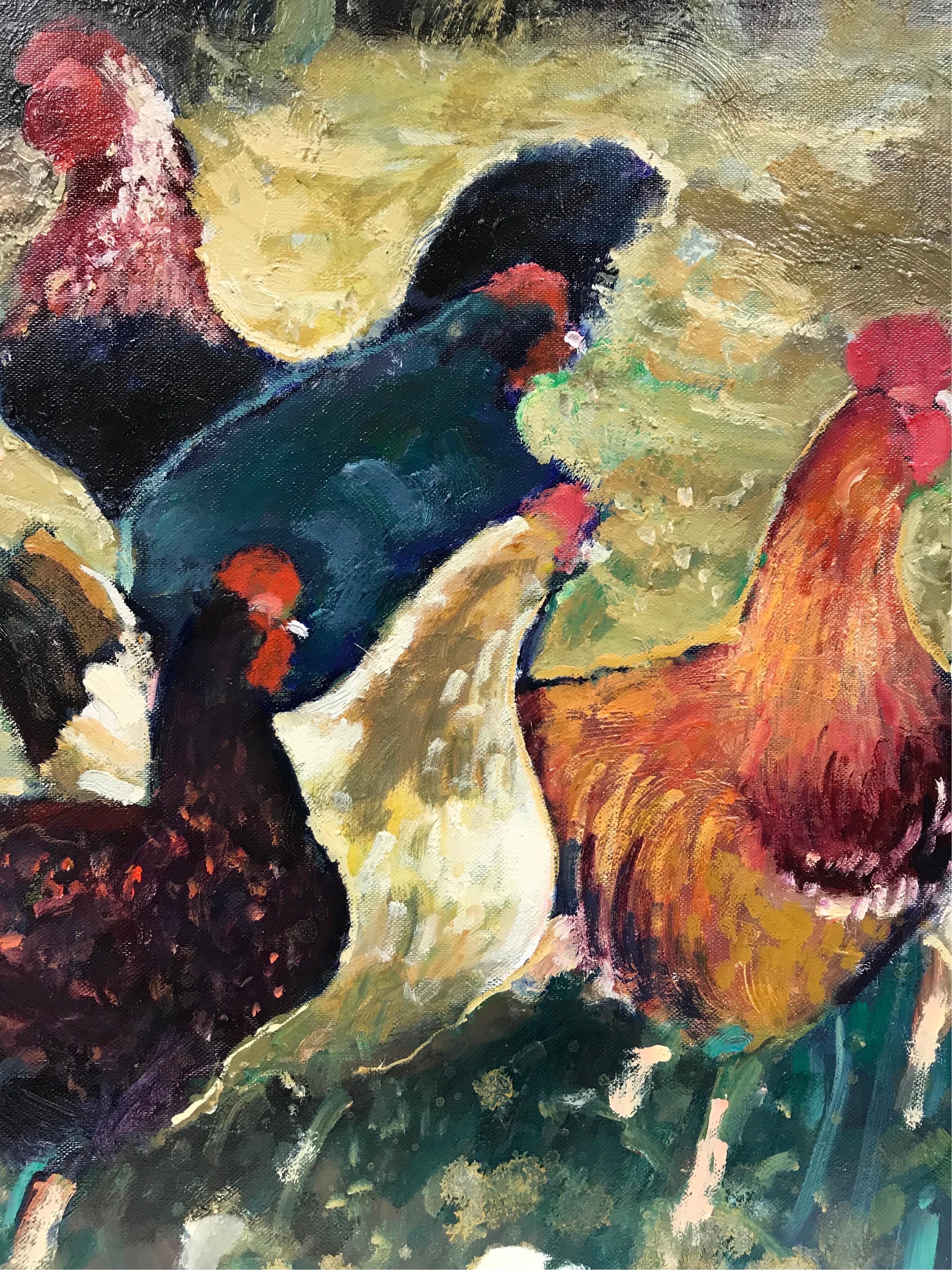 Peinture à l'huile moderniste française représentant une famille de poulets, signée, belles couleurs - Gris Animal Painting par Guy Benard