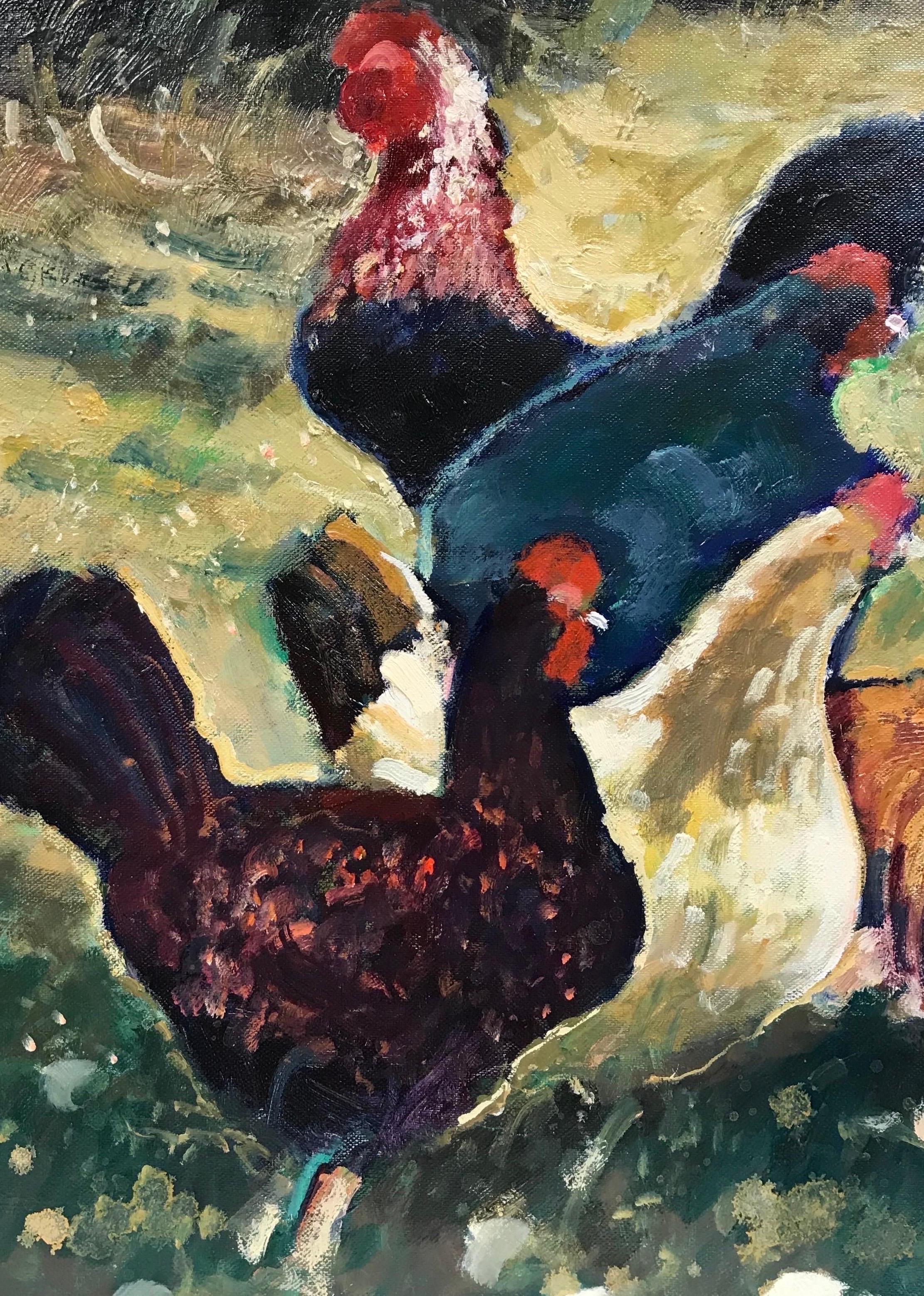 Family of Chickens, signed French Modernist Oil Painting, Beautiful colors - Gray Animal Painting by Guy Benard