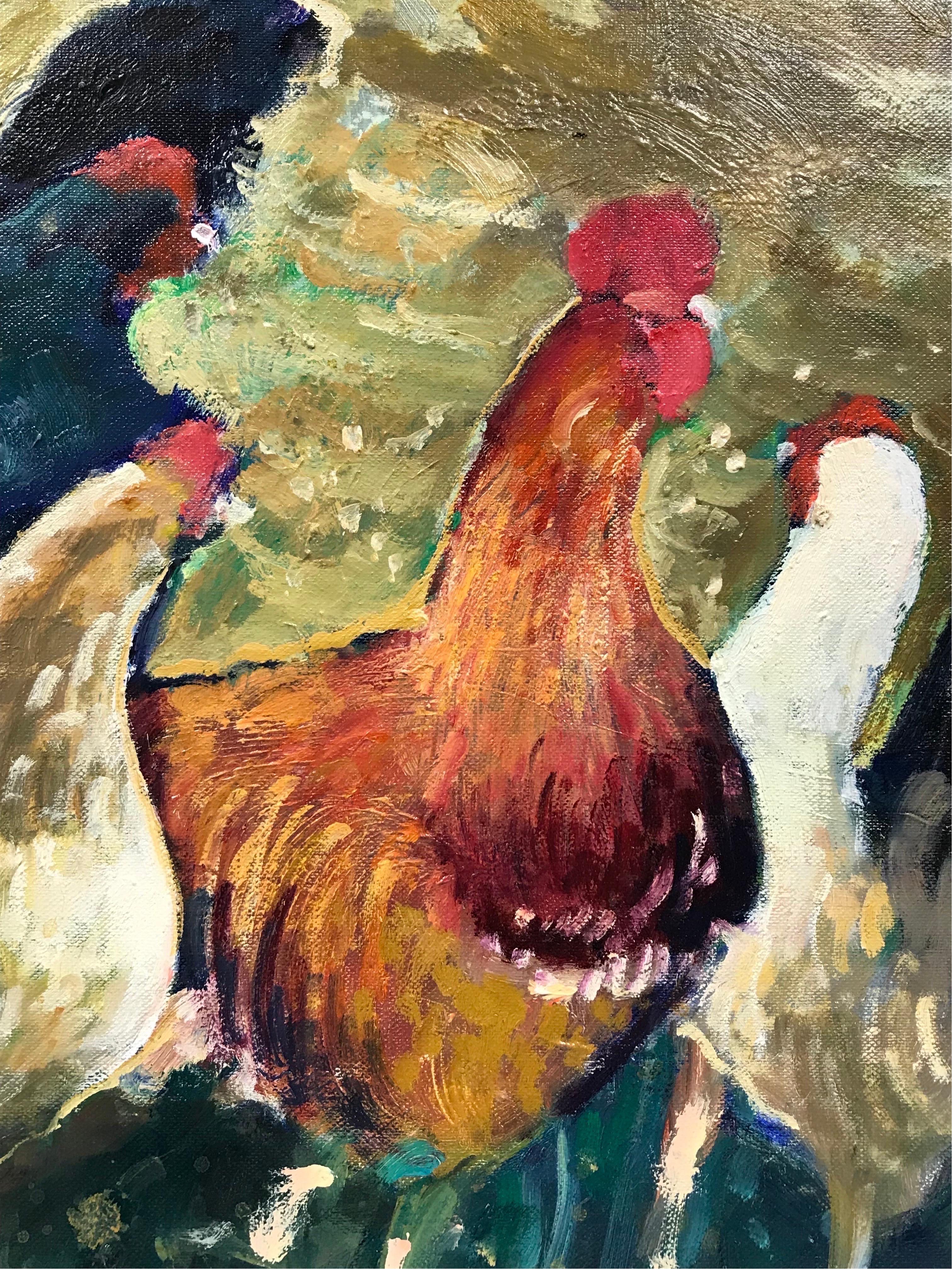 Peinture à l'huile moderniste française représentant une famille de poulets, signée, belles couleurs en vente 1