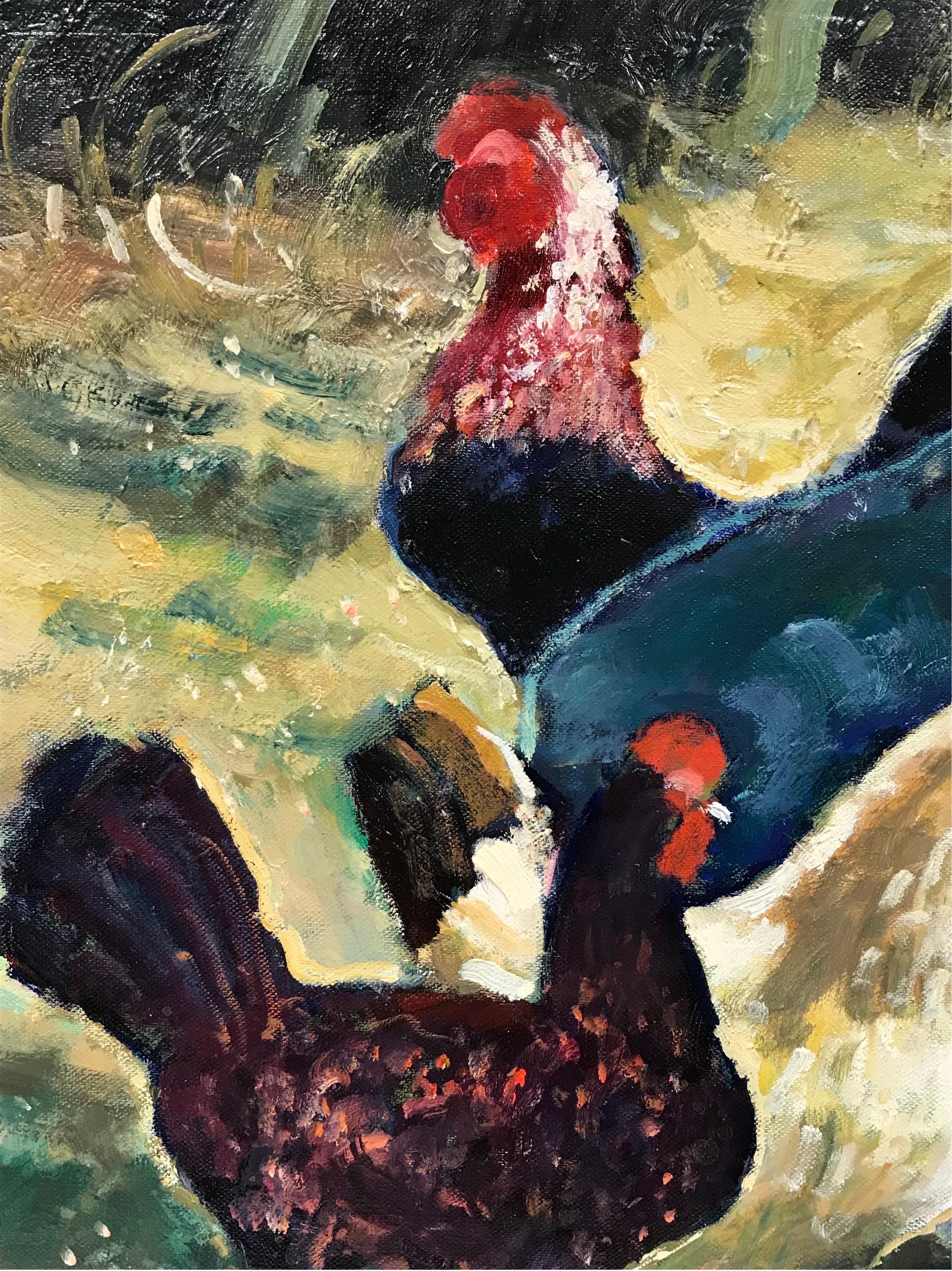 Peinture à l'huile moderniste française représentant une famille de poulets, signée, belles couleurs en vente 2