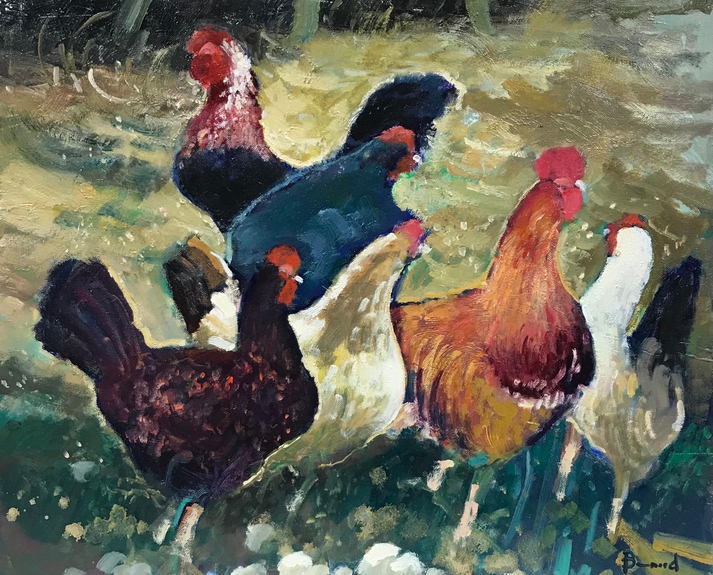 Animal Painting Guy Benard - Peinture à l'huile moderniste française représentant une famille de poulets, signée, belles couleurs