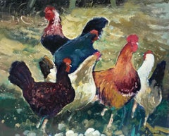 Peinture à l'huile moderniste française représentant une famille de poulets, signée, belles couleurs