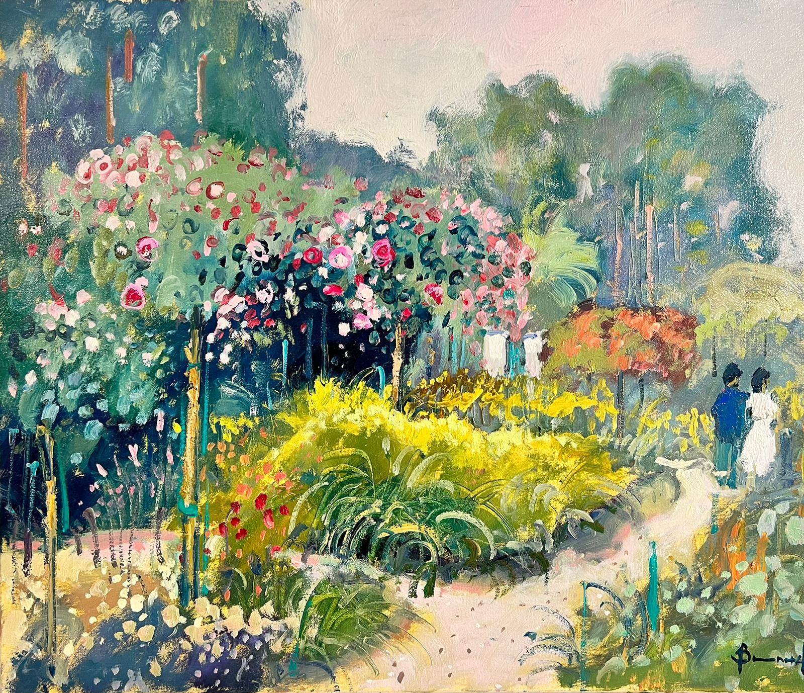 Guy Benard Landscape Painting - Figures Walking in Monet's Garden Giverny French Impressionist Signed Oil 