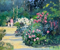 Figures Walking through Flower Garden in May French Impressionist Signed Oil