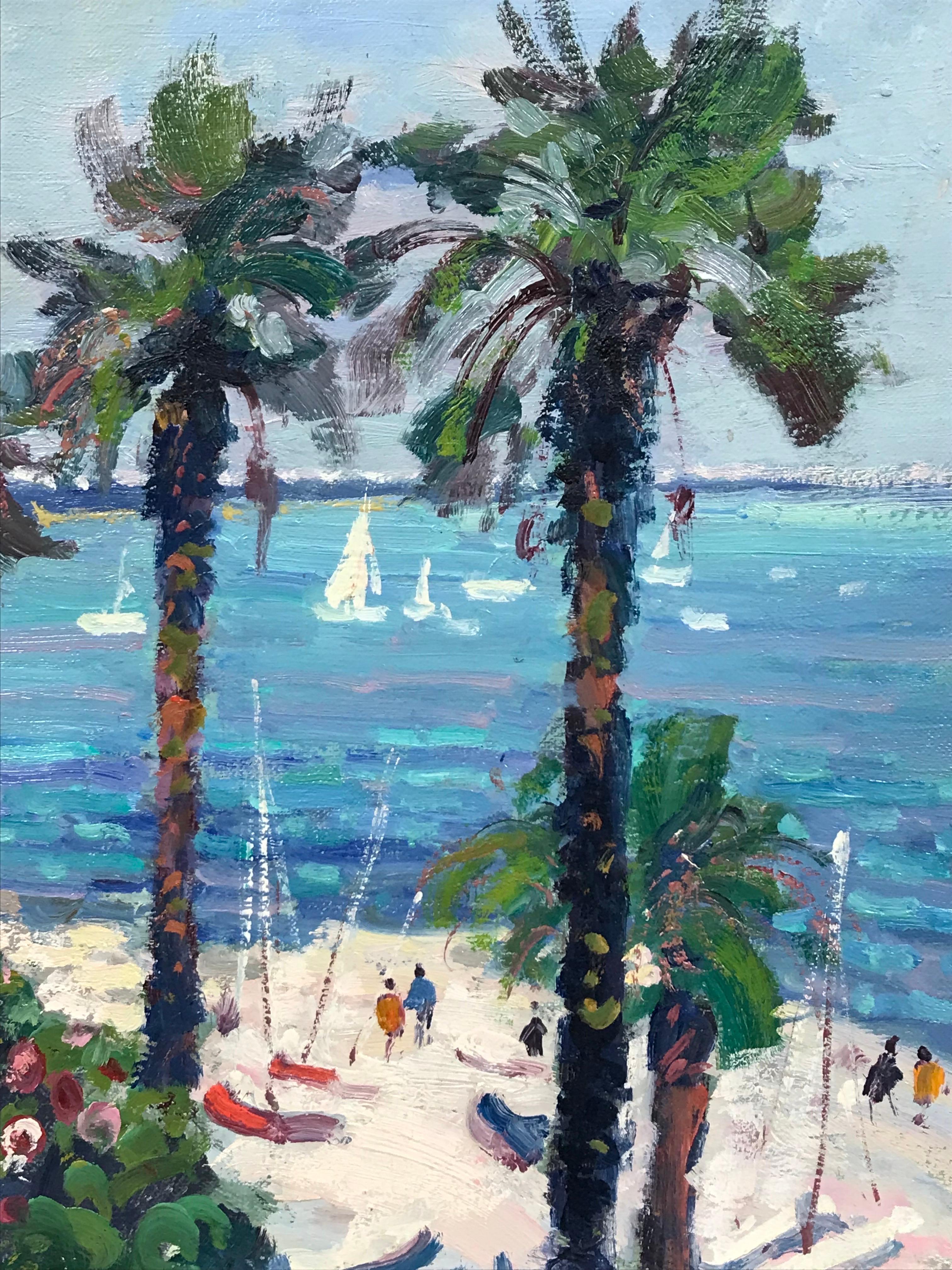 Fino Óleo Impresionista Francés Firmado Figuras en Barcos de Playa Mediterránea en el Mar - Painting de Guy Benard