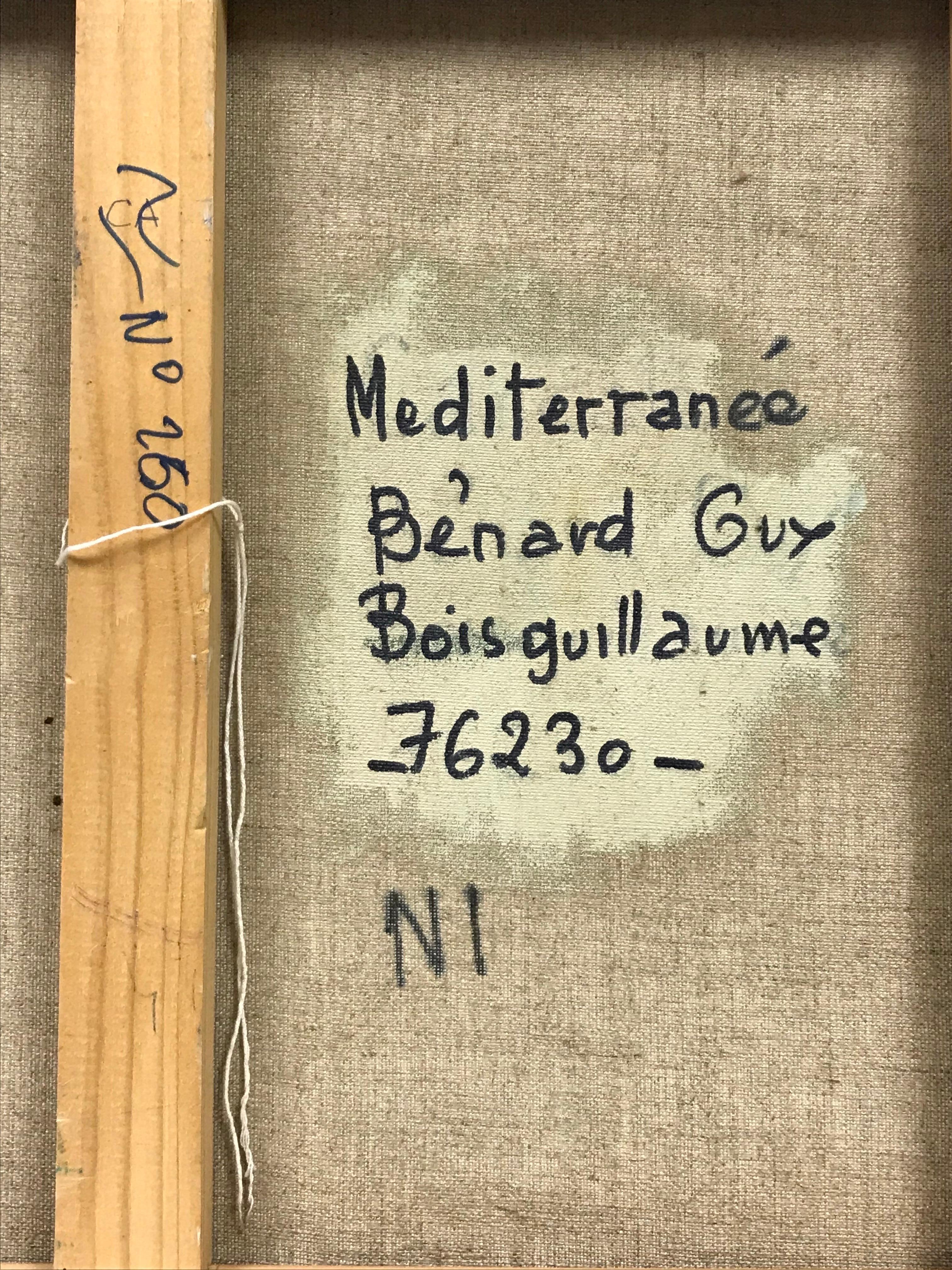 Artist/ School: Guy Benard (French b.1928) signed lower corner. Painter from Rouen, Normandy, exhibited throughout France. 

Title: 'Mediterranee'

Medium:  oil on canvas, unframed and inscribed verso

size: 15 x 18 inches

Provenance: private