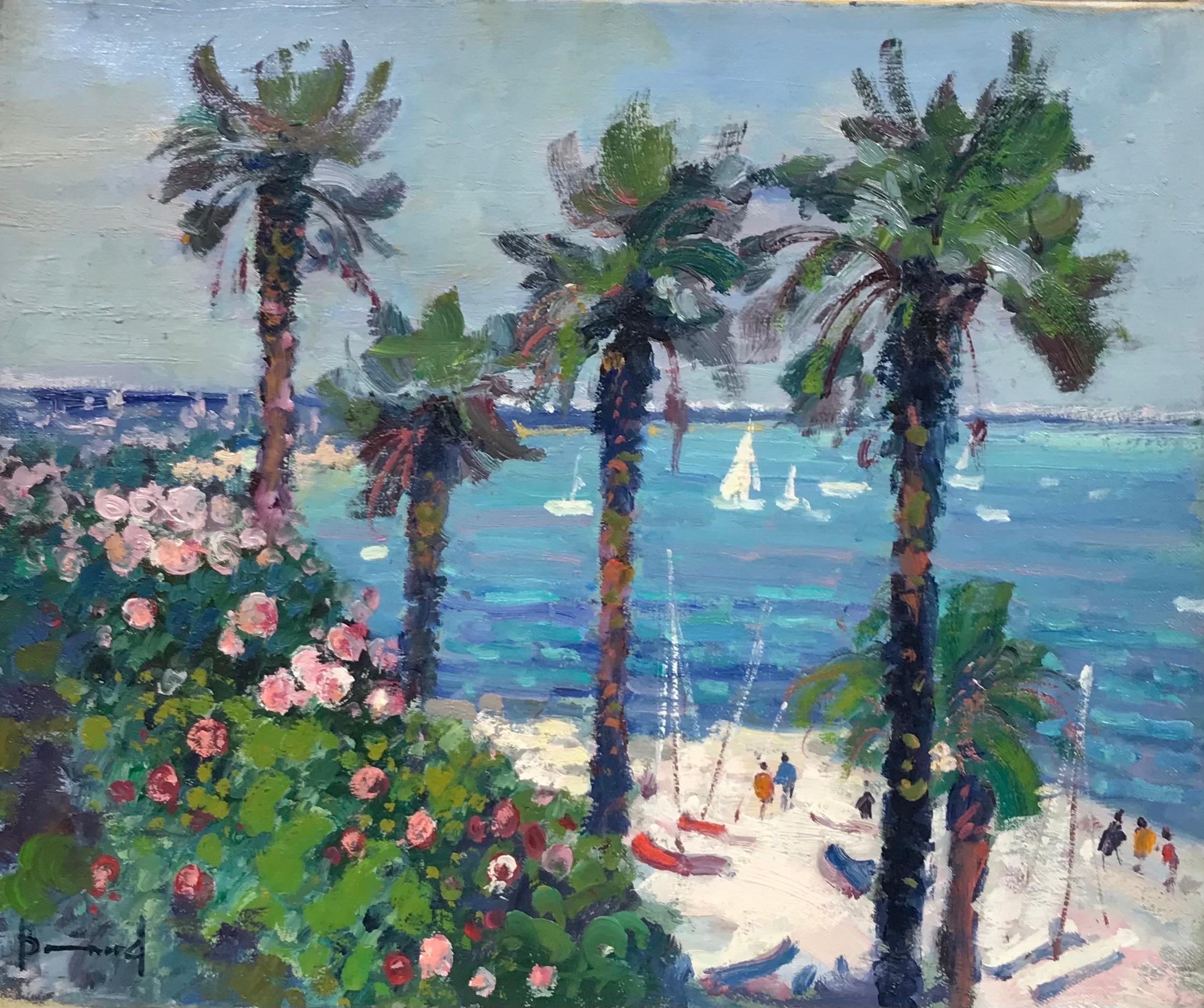 Figurative Painting de Guy Benard - Fino Óleo Impresionista Francés Firmado Figuras en Barcos de Playa Mediterránea en el Mar