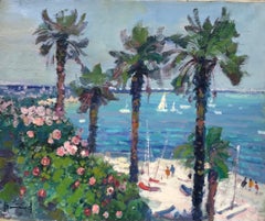 Belles figures à l'huile impressionnistes françaises signées sur des bateaux de plage méditerranéens en mer