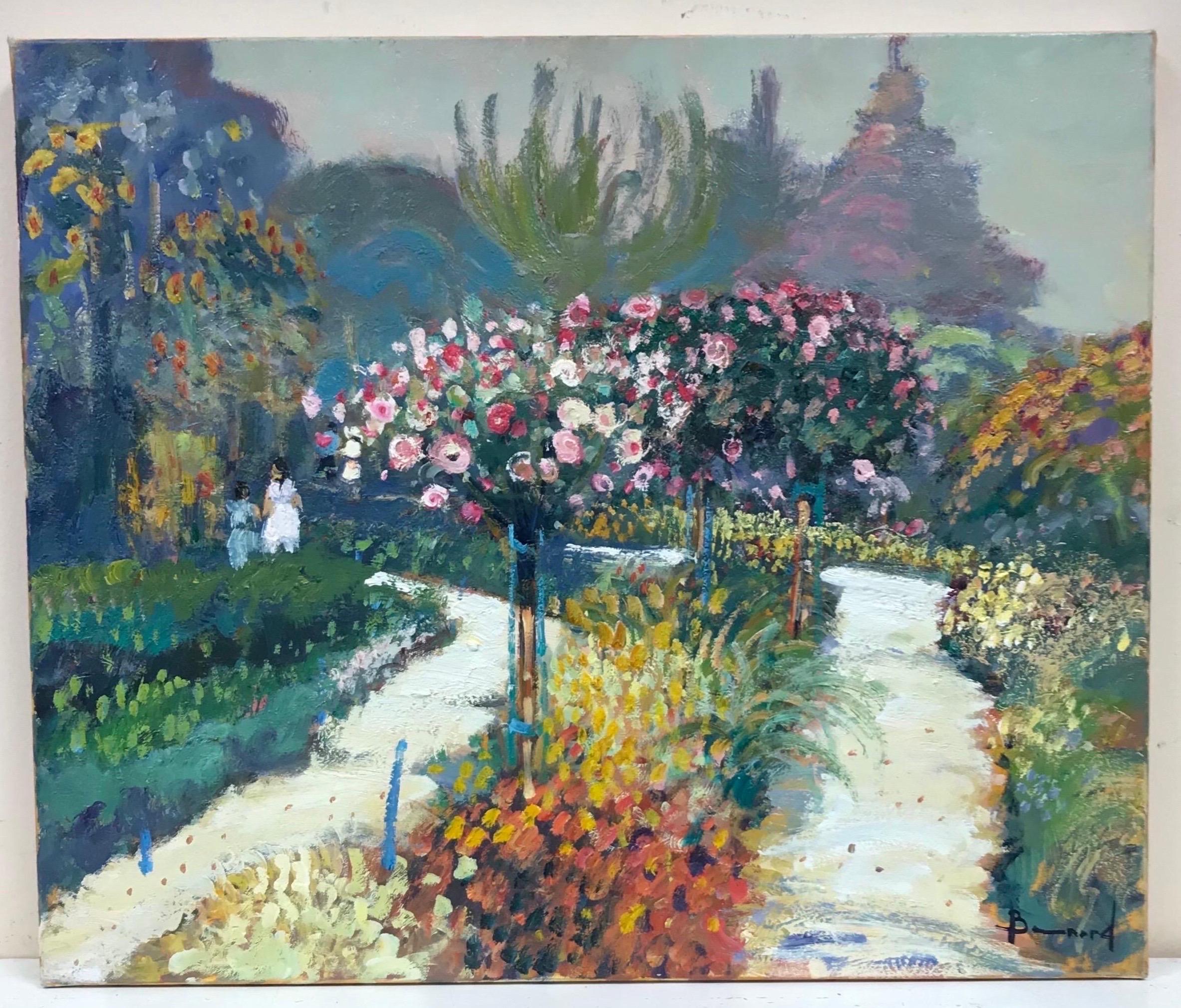 Fine huile impressionniste française signée, Mère et enfant dans une scène de jardin à fleurs - Painting de Guy Benard