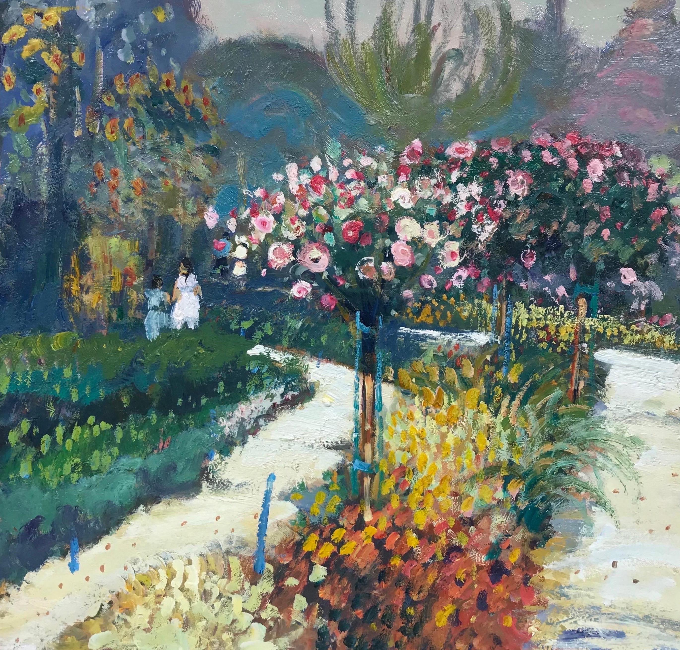 Fine huile impressionniste française signée, Mère et enfant dans une scène de jardin à fleurs - Impressionnisme Painting par Guy Benard