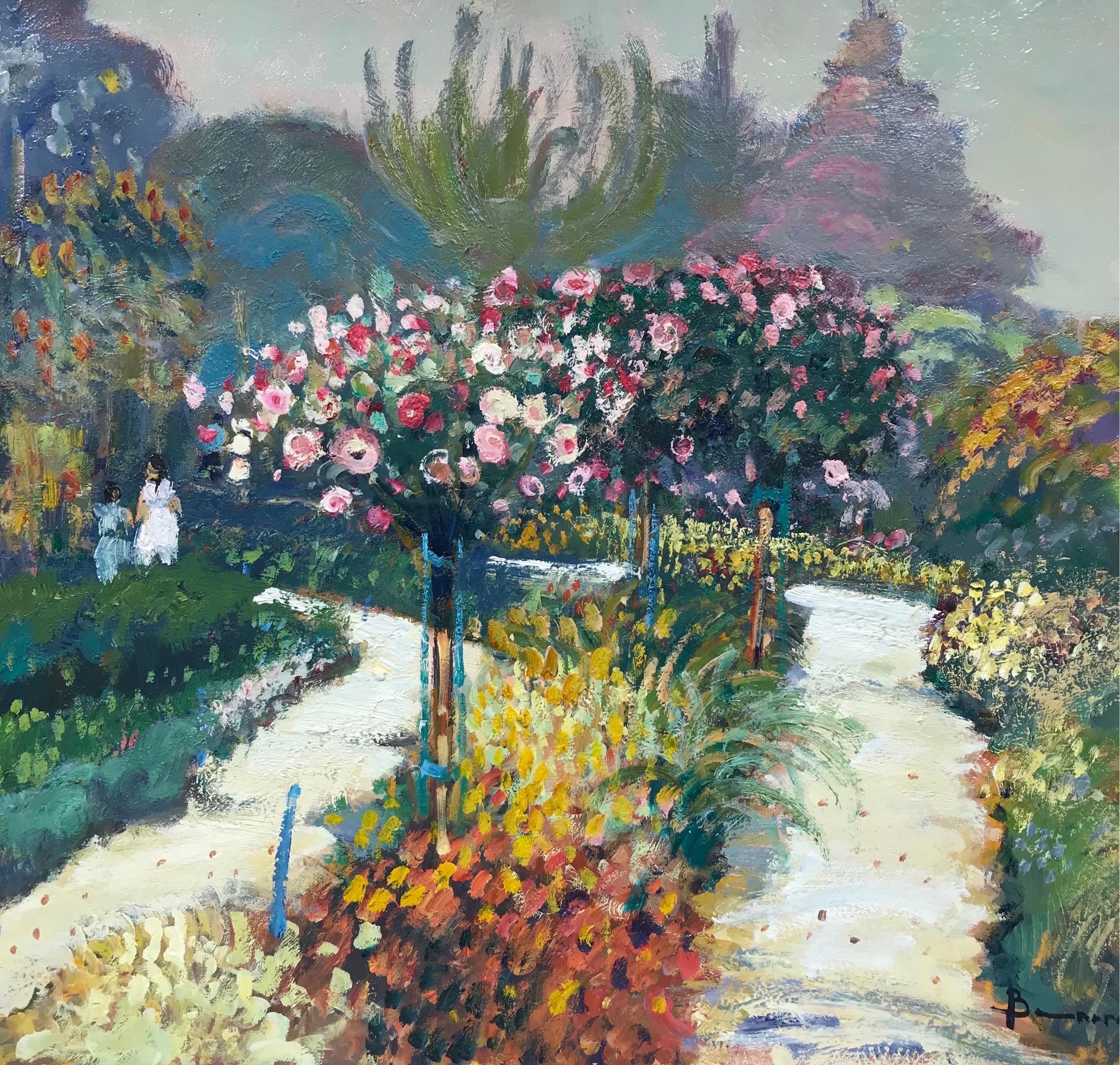 Fine huile impressionniste française signée, Mère et enfant dans une scène de jardin à fleurs - Gris Landscape Painting par Guy Benard