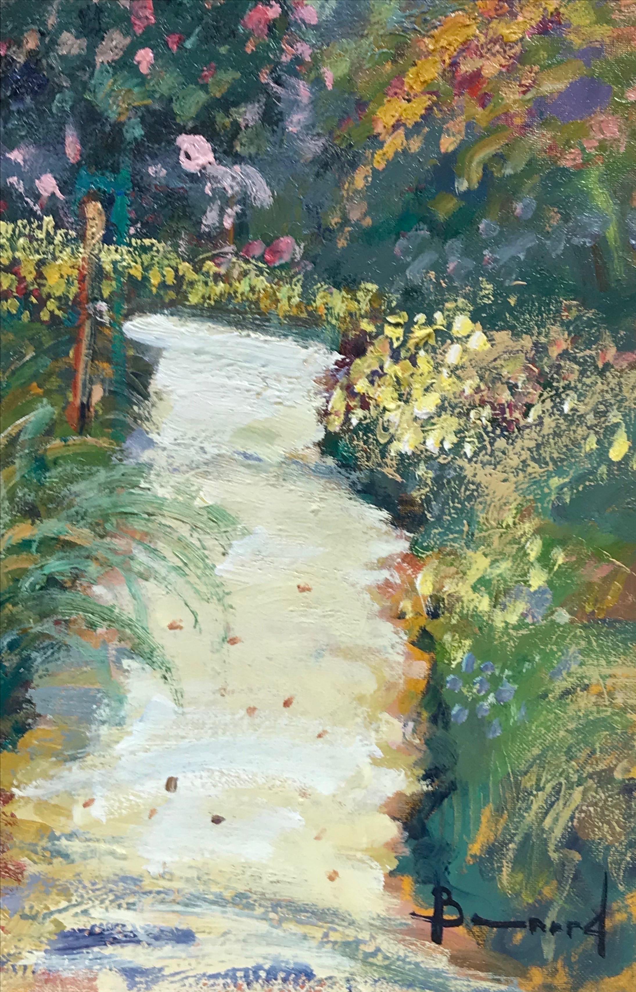 Fine huile impressionniste française signée, Mère et enfant dans une scène de jardin à fleurs 1