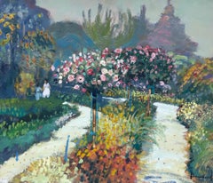 Fine huile impressionniste française signée, Mère et enfant dans une scène de jardin à fleurs