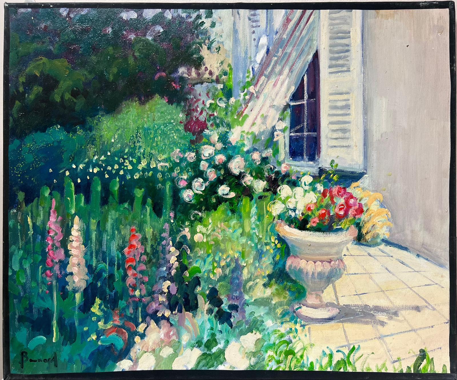 Flowers in Garden Urn Grand House Gardens Original French Impressionist Oil  - Painting by Guy Benard