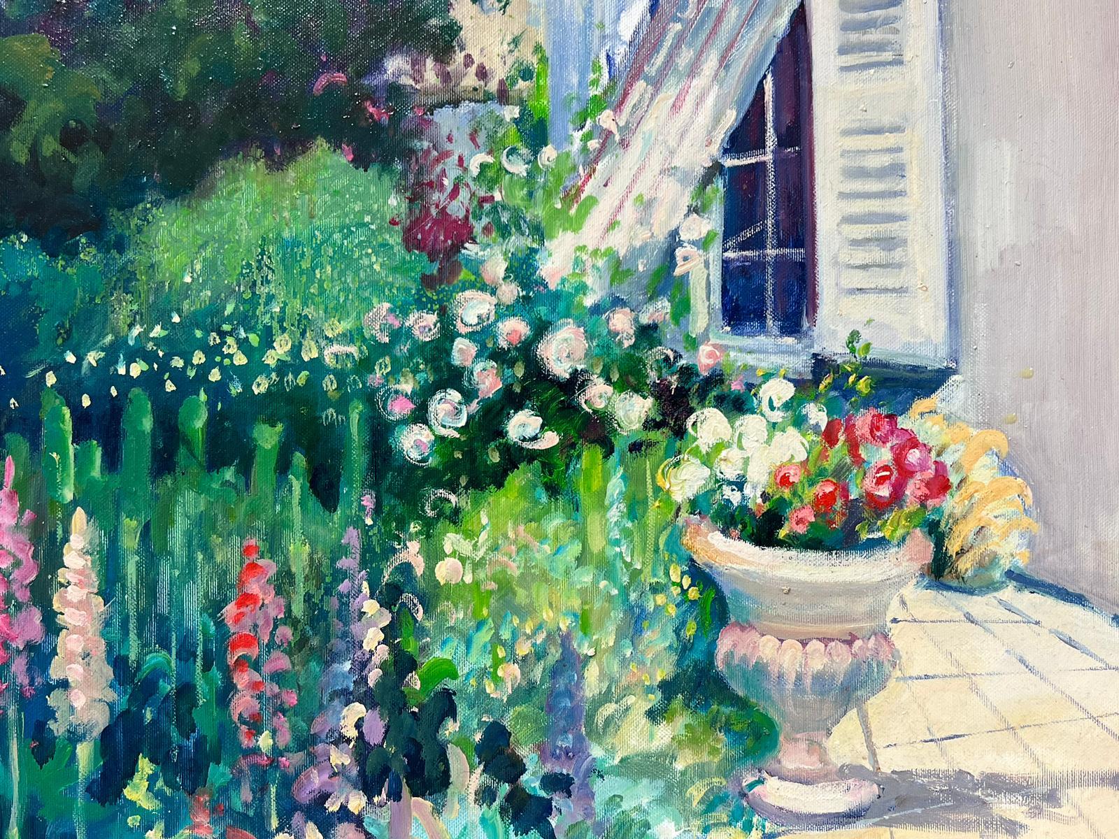 Flowers in Garden Urn Grand House Gardens Original French Impressionist Oil  For Sale 3