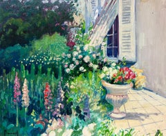 Blumen im Garten, Urne, Grand House Gardens, Original, Französisch-impressionistisches Ölgemälde 