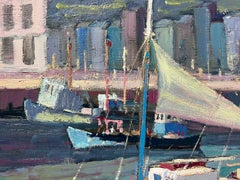 Barcos del puerto de Honfleur Óleo firmado por un impresionista francés Colores cálidos de verano