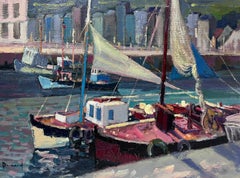 Honfleur Harbour Boats - Peinture à l'huile impressionniste française - Couleurs d'été chaudes 