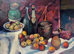 Immense nature morte française post-impressionniste, peinture à l'huile, fruits et cruches, couleur d'automne