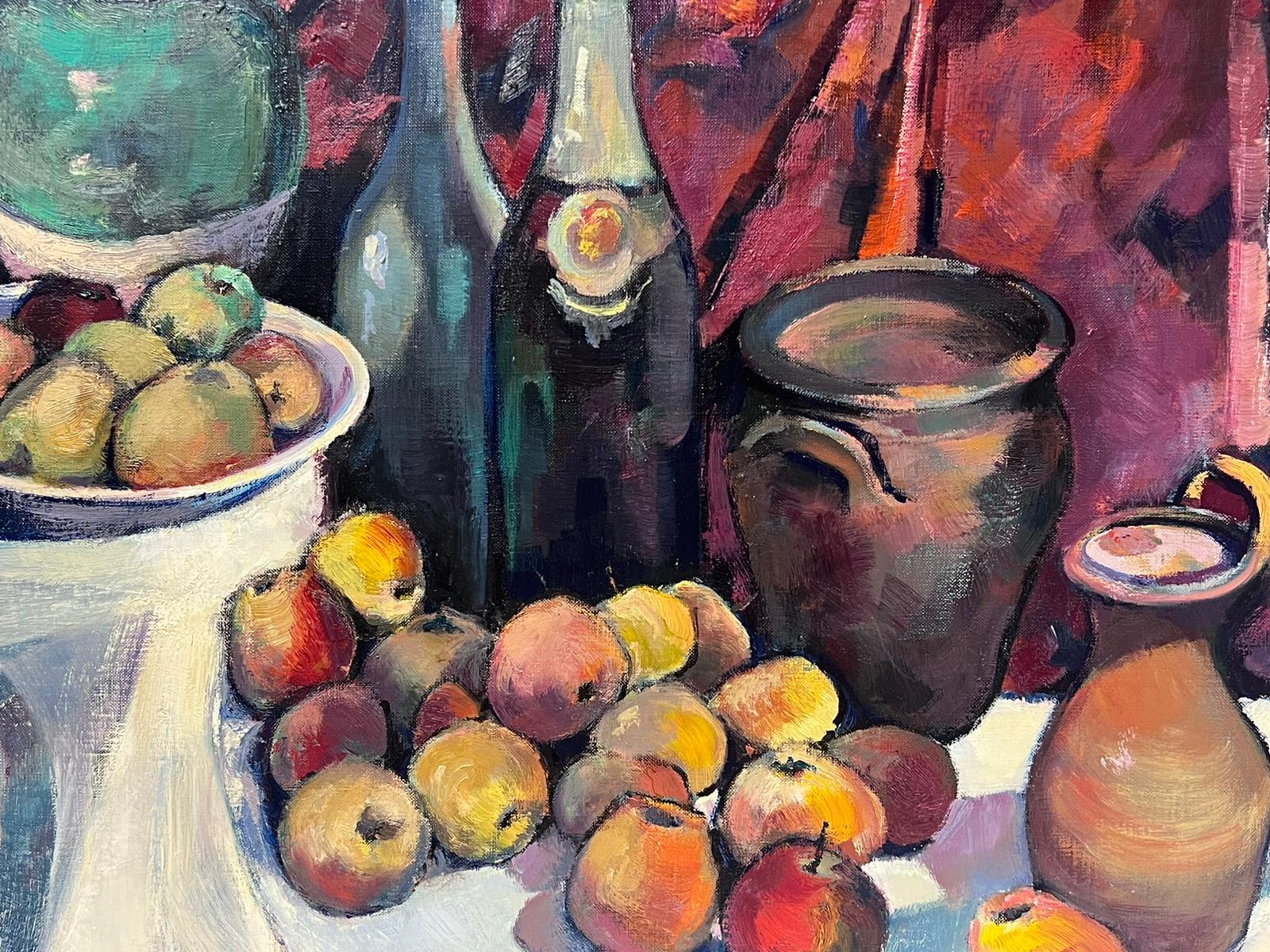 Huge French Post-Impressionist Still Life Oil Painting Fruit & Jugs Autumn Color For Sale 6