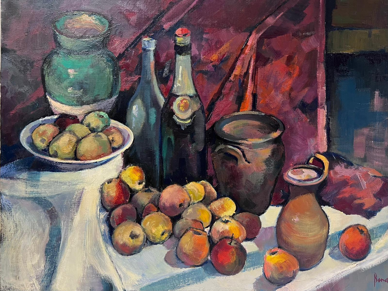 Still-Life Painting Guy Benard - Immense nature morte française post-impressionniste, peinture à l'huile, fruits et cruches, couleur d'automne