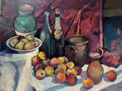 Huge French Post-Impressionist Still Life Oil Painting Fruit & Jugs Autumn Color