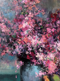 Large French Post Impressionist Signed Oil Purple & Pink Flowers in Vase