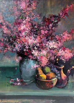 Vintage Large French Post Impressionist Signed Oil Purple & Pink Flowers in Vase 
