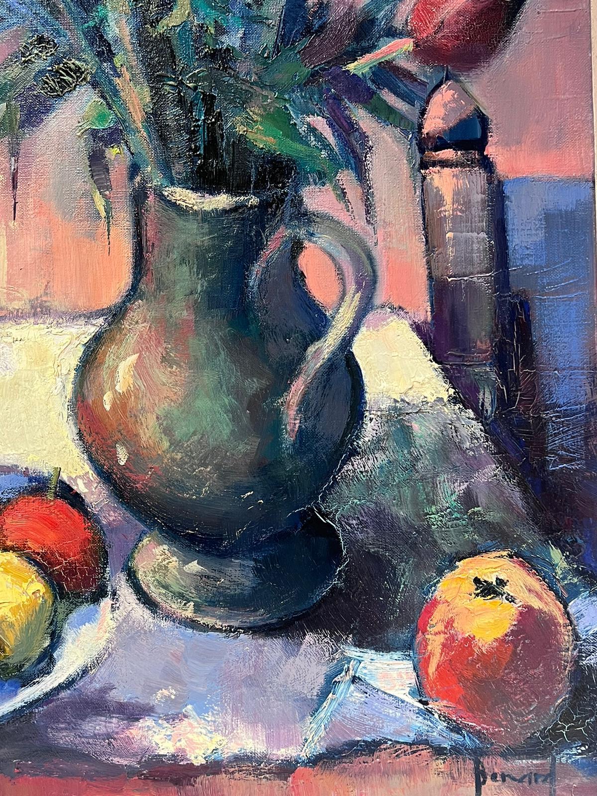 Large French Post-Impressionist Signed Oil Tulips, Apples & Pears Still Life For Sale 5