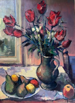 Grande Nature Morte française post-impressionniste signée Tulipes, Pommes et Poires