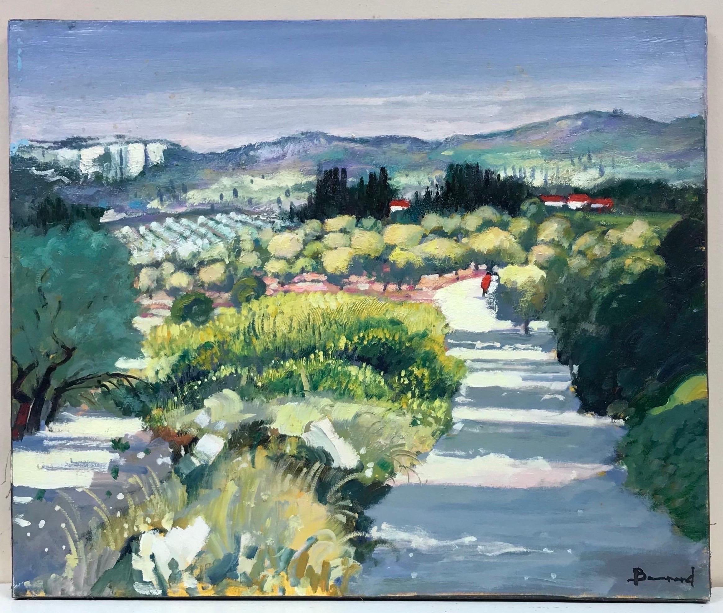 Les Alpilles Provence, Sunny Summer Landscape Figures Walking in Lane, oil - Painting by Guy Benard